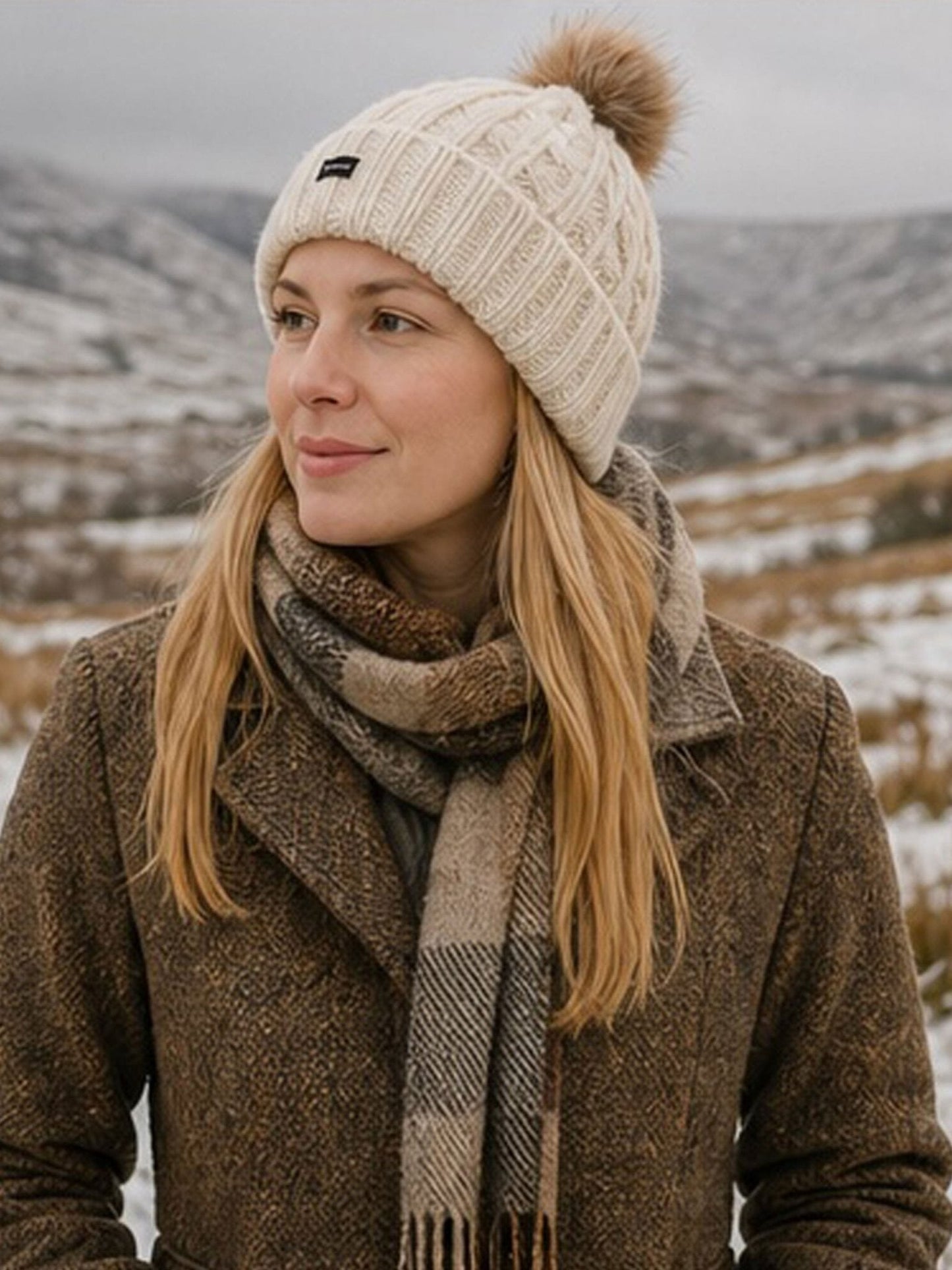 Craggi Ladies Bobble Hat Cream Knitted Pom Beanie Womens Ski Hat CRAGGI Hats